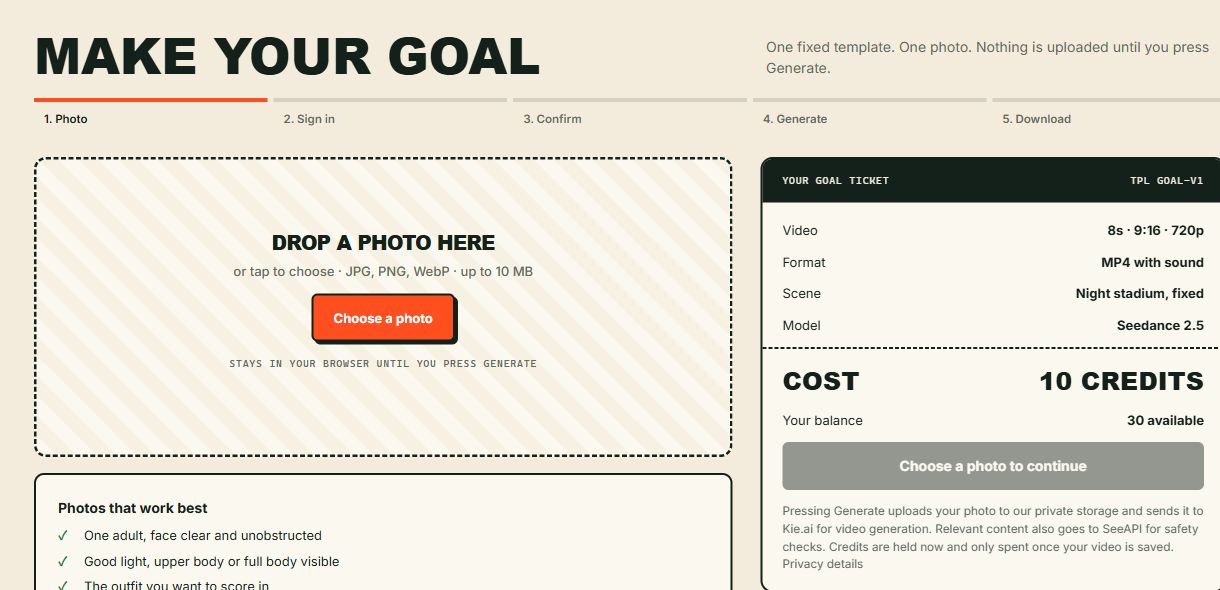 Create page showing the local photo selector, photo tips and fixed 10-credit video format