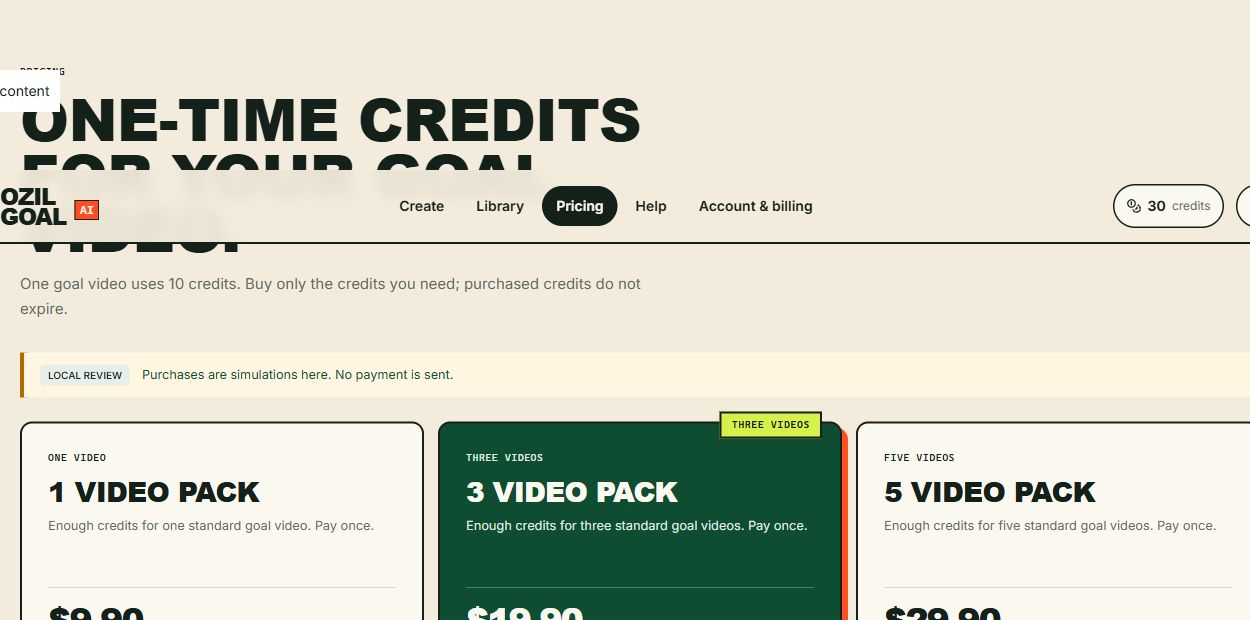 Pricing page showing the three one-time video credit packs at 9.90, 19.90 and 29.90 US dollars